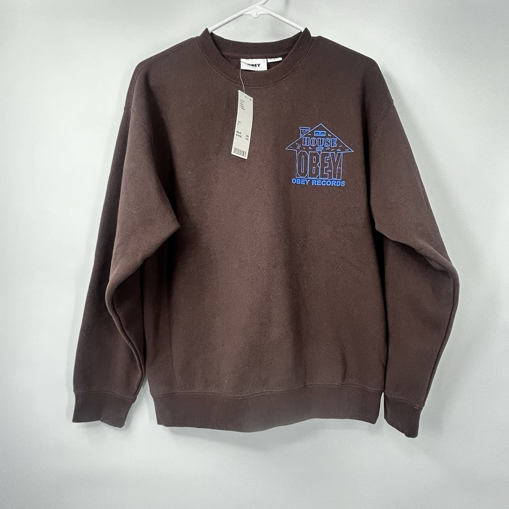 Obey House Of Obey‎ Records Crewneck Sweatshirt Brown Blue Graphic Men's S NWT